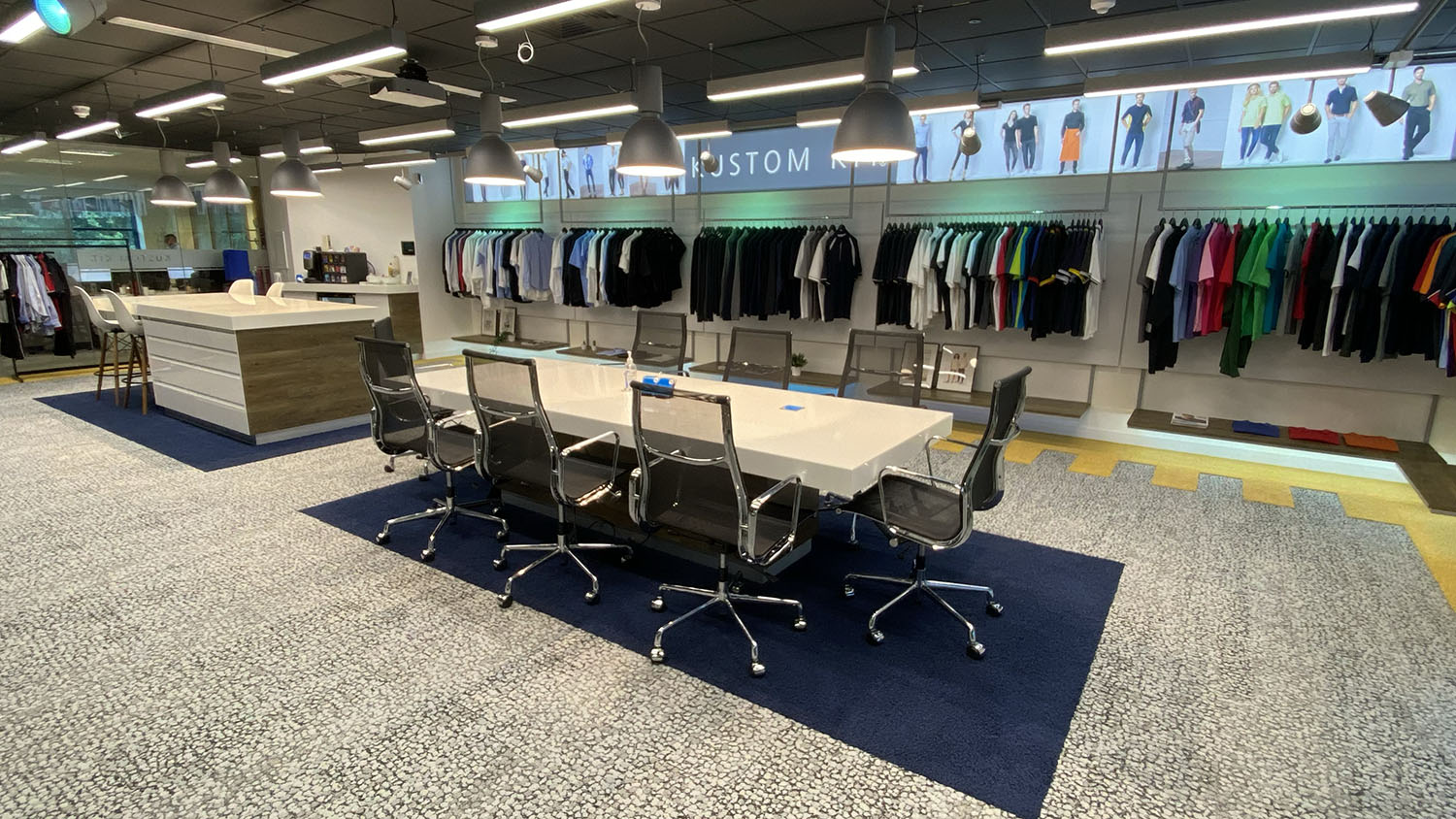 The fastr office with sample clothing on display